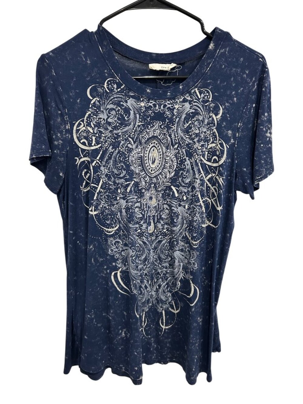 Tru Self Navy Blue Acid Wash Graphic Scoop Neck T-Shirt Top Bohemian Indie Sleaz